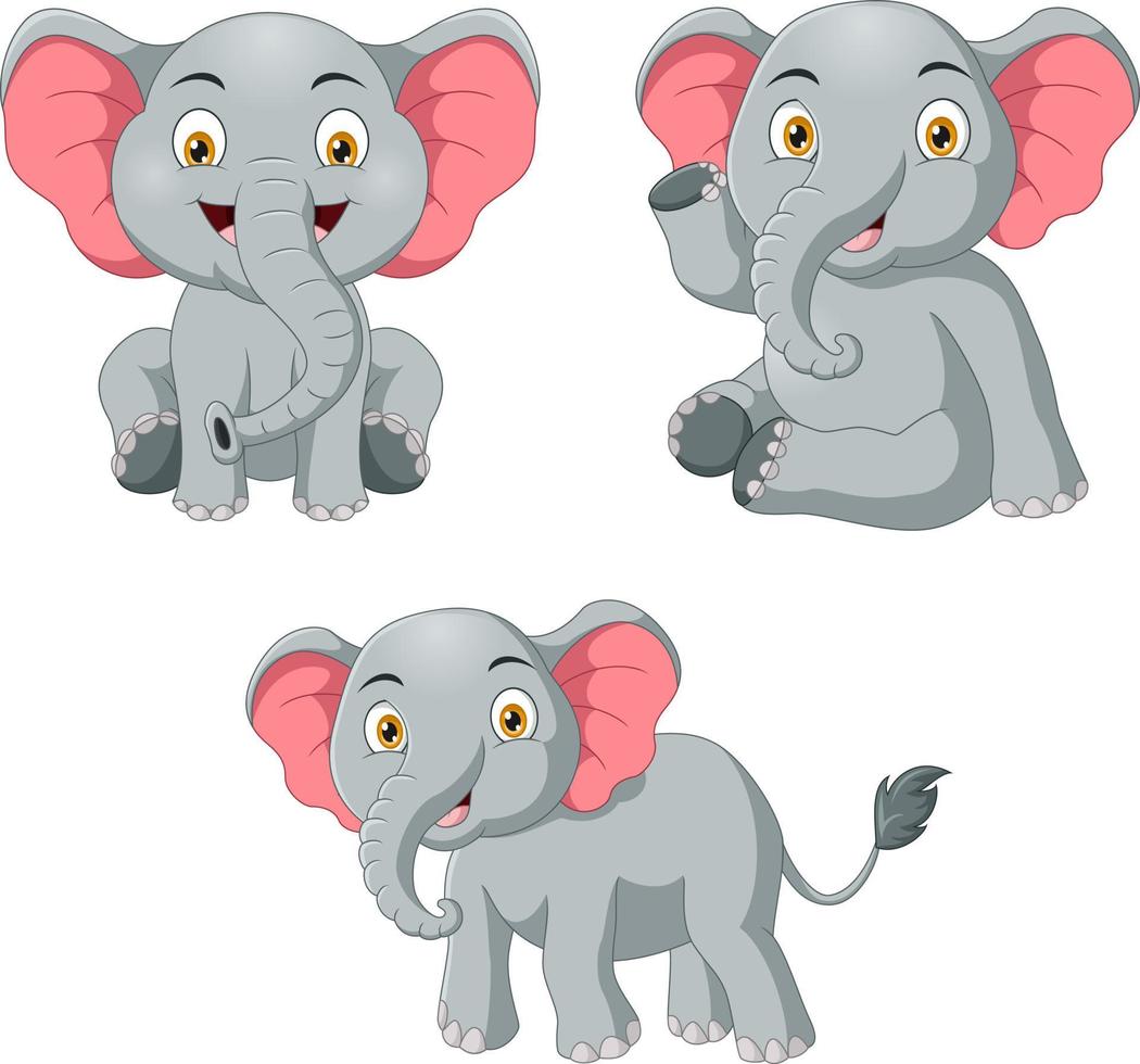 lindos tres elefantes bebés en diferentes poses vector