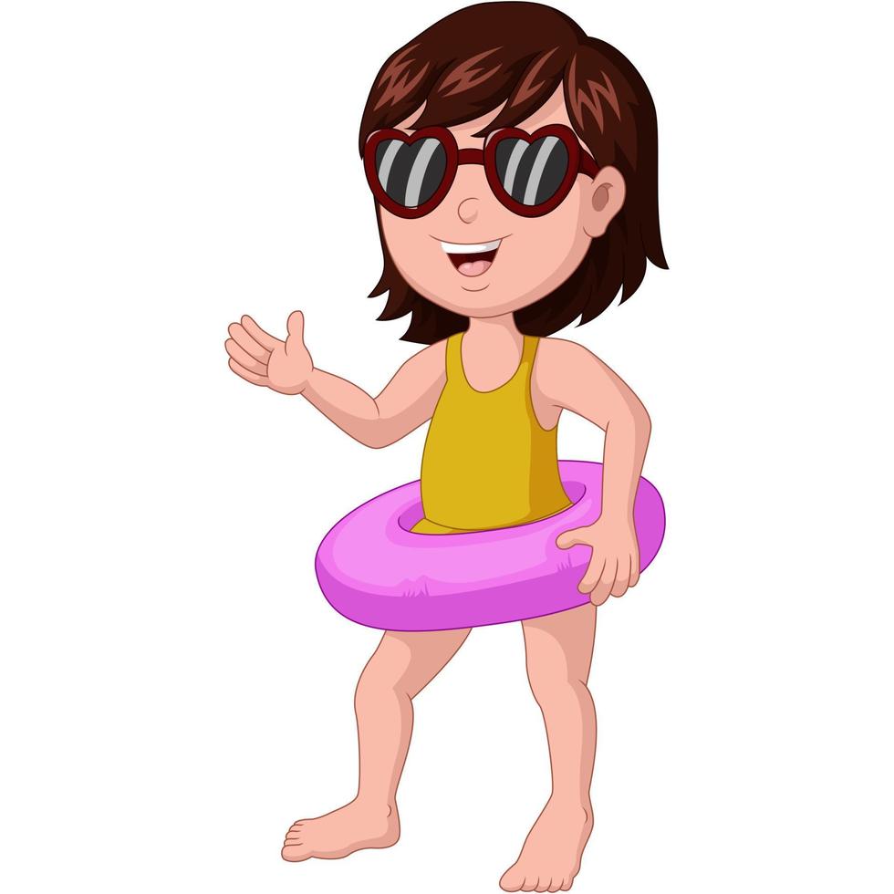 Cute little girl cartoon with inflatable ring waving hand vector