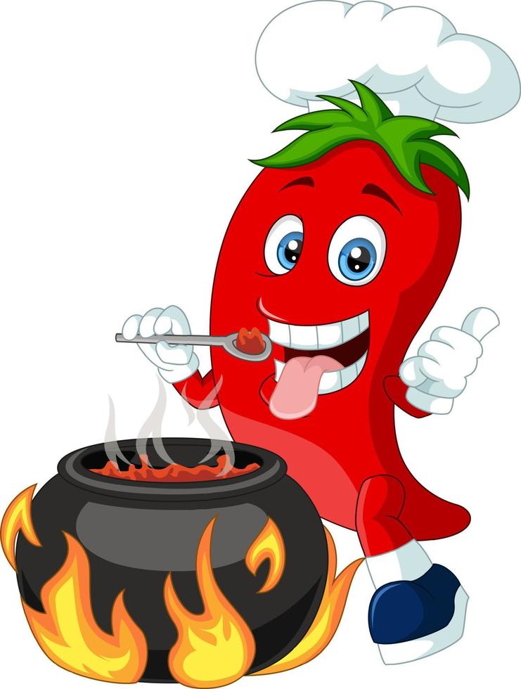 Cute pepper chef mascot cooks chili vector
