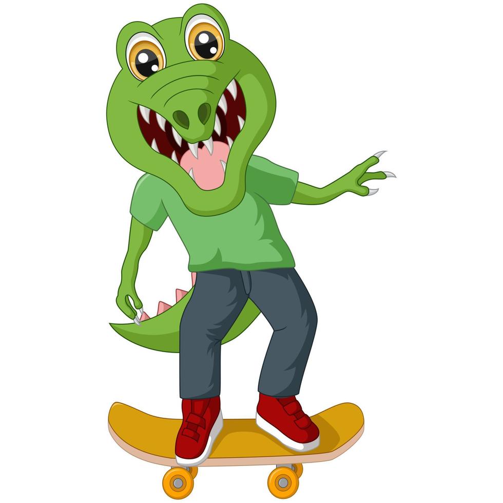 linda caricatura de cocodrilo jugando una patineta vector