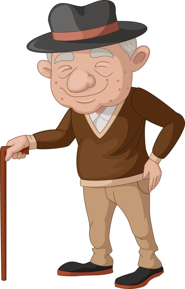 lindo, anciano, caricatura, con, un, bastón vector