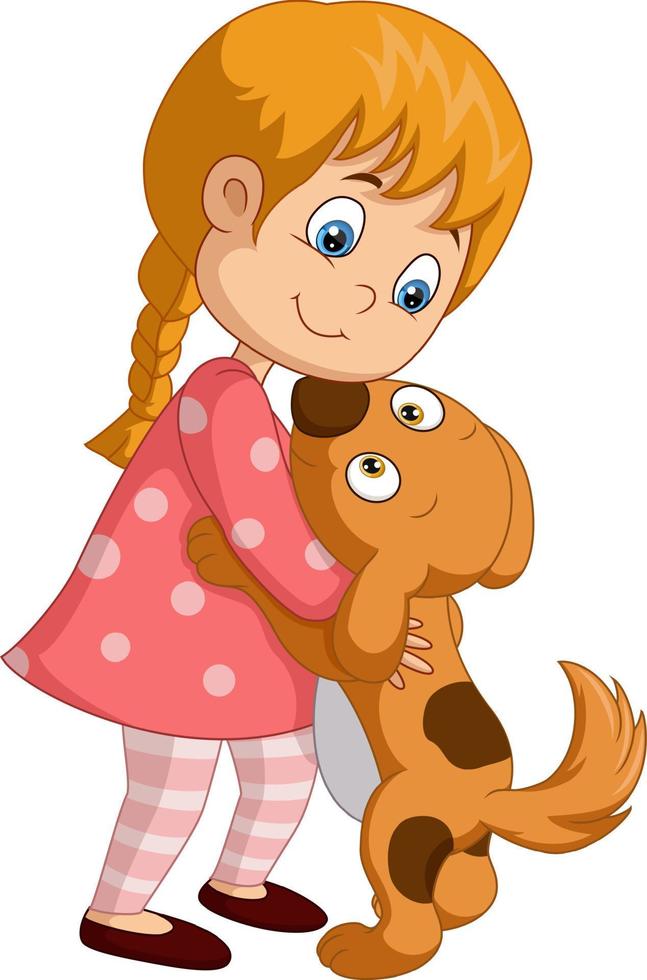 Cute little girl cartoon hugging dog vector