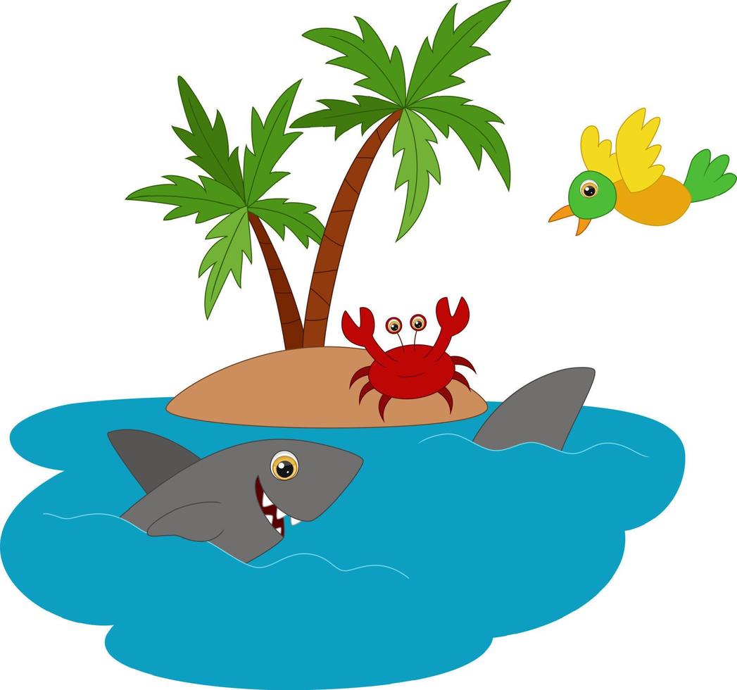 linda caricatura de cangrejo con tiburón y pájaro en la playa vector