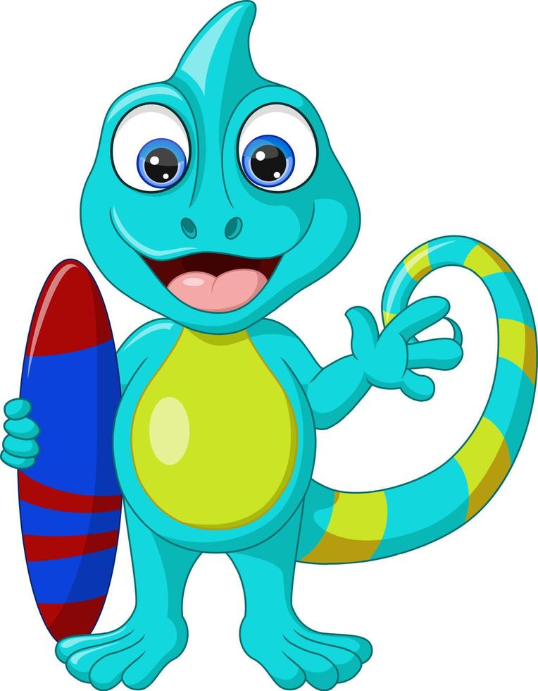 Cute chameleon cartoon holding a surfboard vector