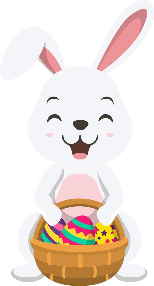 Cute little white bunny with basket of Easter egg vector