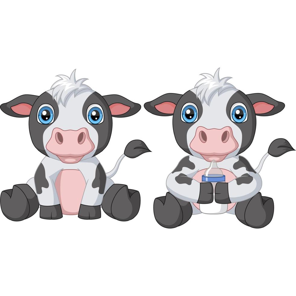 dos lindos dibujos animados de vaca bebé con botella de leche vector