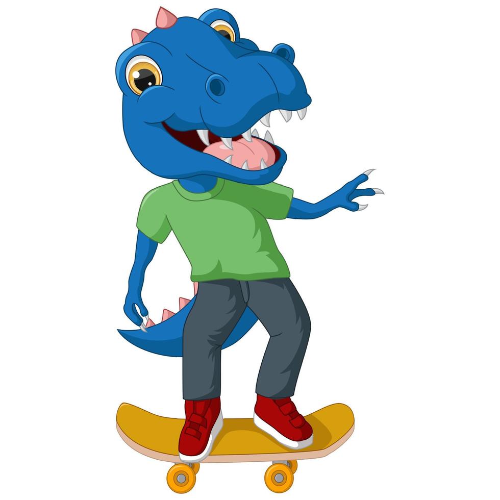 dibujos animados lindo dinosaurio azul jugando patineta vector