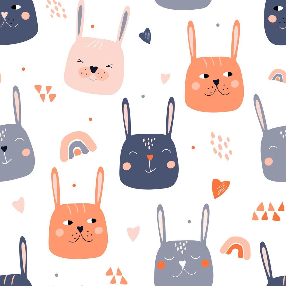 Seamless pattern with hares. Children's abstract trend print with funny rabbits, rainbows, hearts. Vector graphics.