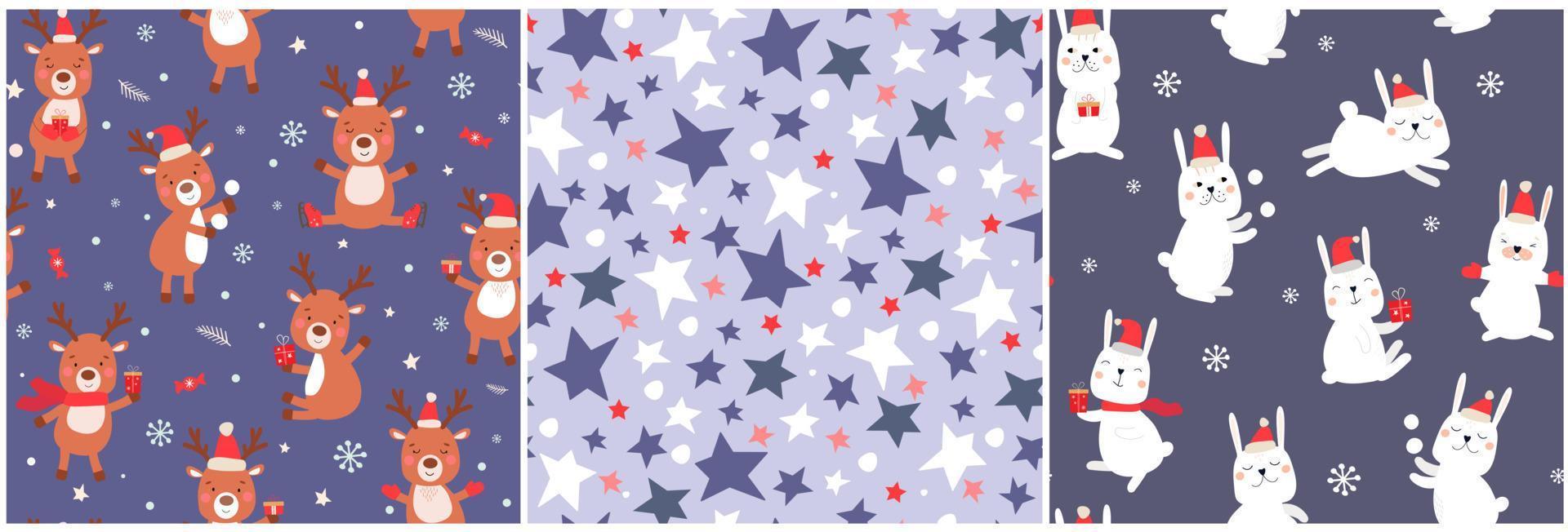 A set of seamless patterns with winter deer and bunnies. Christmas print with animals, snowflakes, stars. Vector graphics.