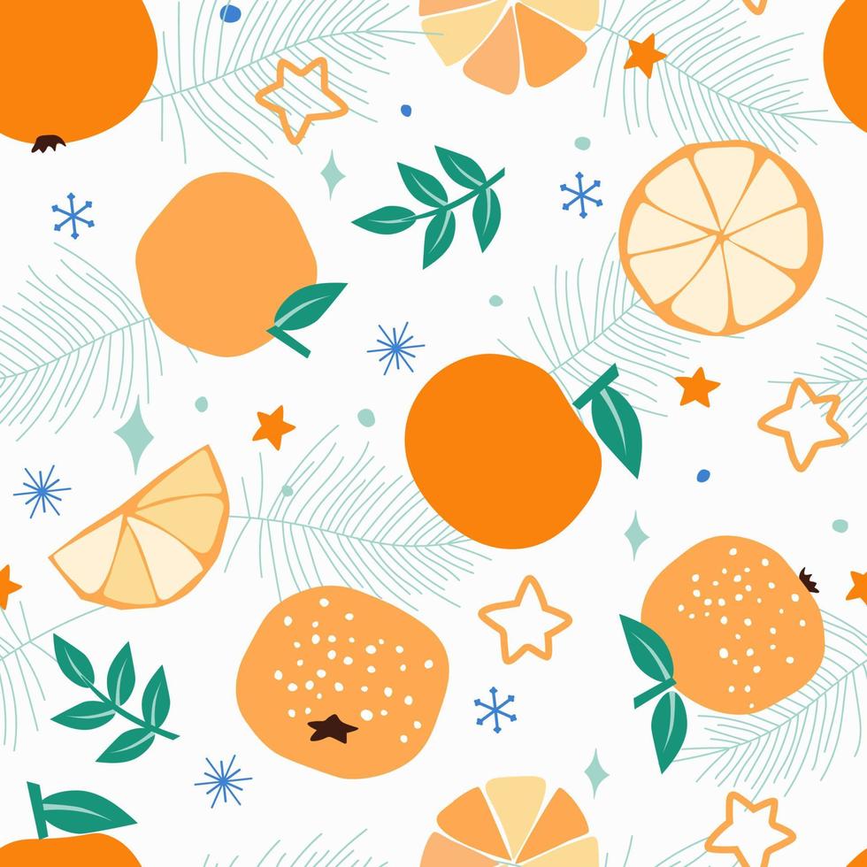 patrón impecable con un estampado navideño de año nuevo. frutos de mandarina en el fondo de ramas de abeto, copos de nieve, estrellas. gráficos vectoriales vector