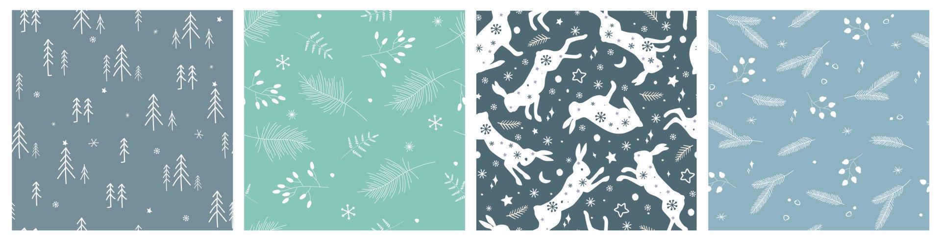 A set of winter seamless patterns with spruce branches, snowflakes, silhouettes of rabbits. Christmas forest print. Vector graphics.