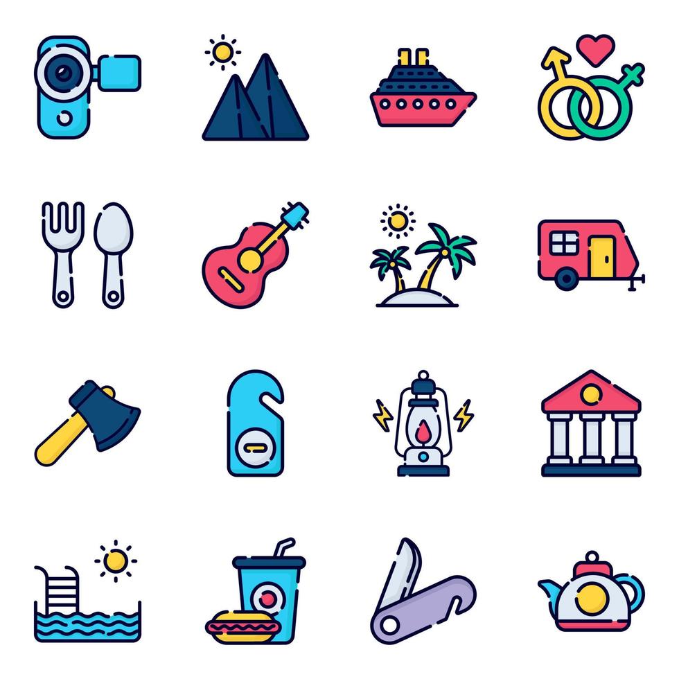 Travel and tour outline colored icons set. Light version for Web and Mobile. vector