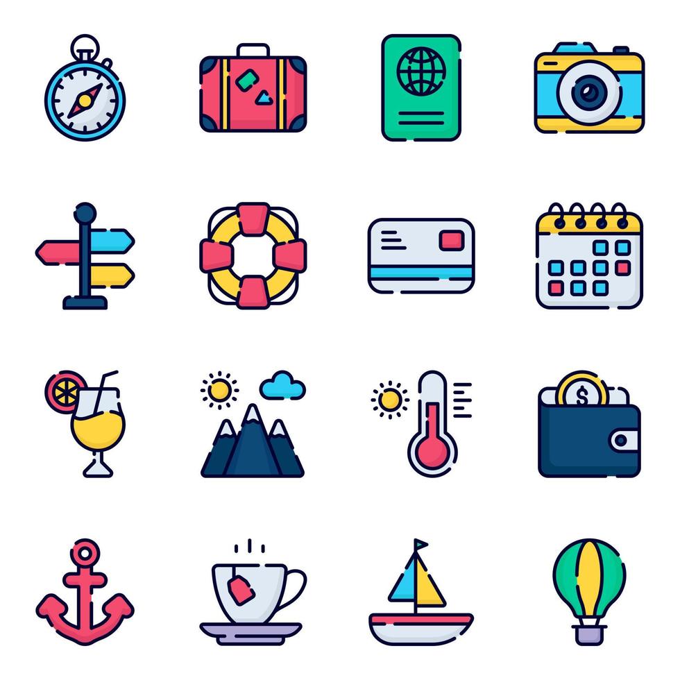 conjunto de iconos de colores de contorno de viajes y giras. versión ligera para web y móvil. vector