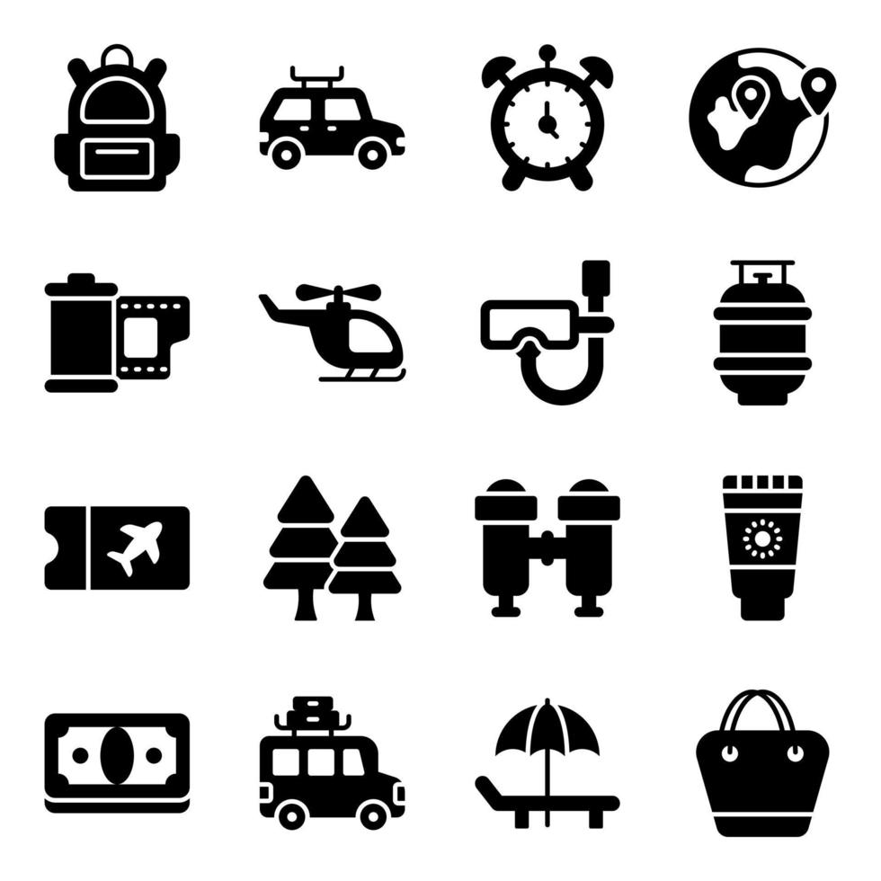 conjunto de iconos de glifo de viaje y recorrido. versión ligera para web y móvil. vector