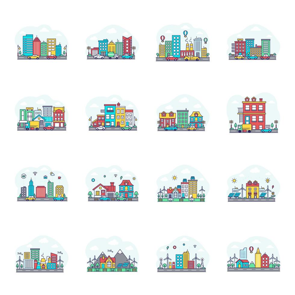 Pack of Building Flat Illustrations vector
