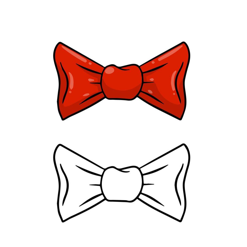 Arco rojo. conjunto de objetos de color y blanco y negro. ilustración de dibujos animados decoración de ropa y accesorios para el cabello de mujer vector