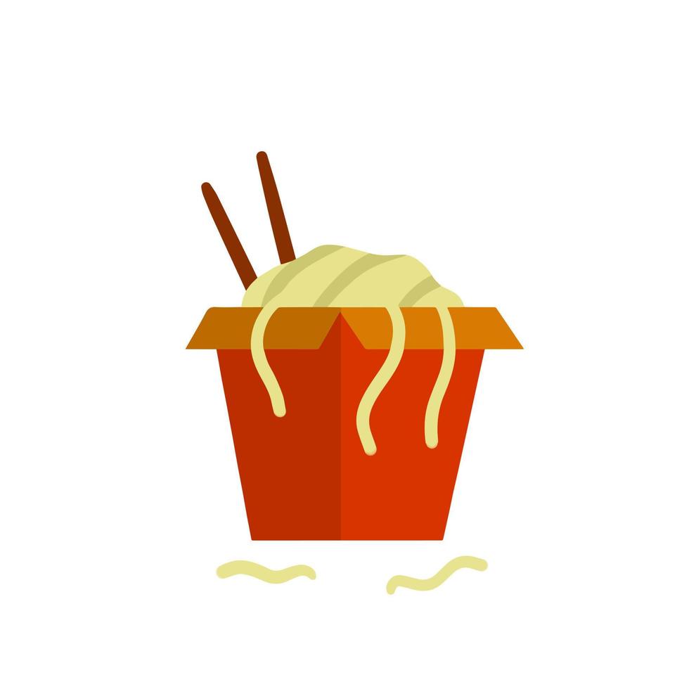 caja de fideos. comida rápida asiática con palillos. envase rojo de macarrones. comida chatarra japonesa y china en la calle. ilustración de dibujos animados plana vector