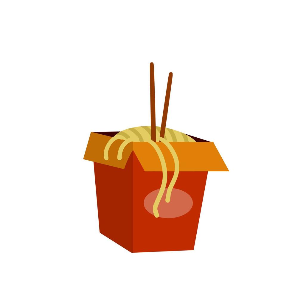 Box of noodles. Asian fast food with chopsticks. Red packaging of macaroni. Japanese and Chinese junk street food. Flat cartoon illustration vector