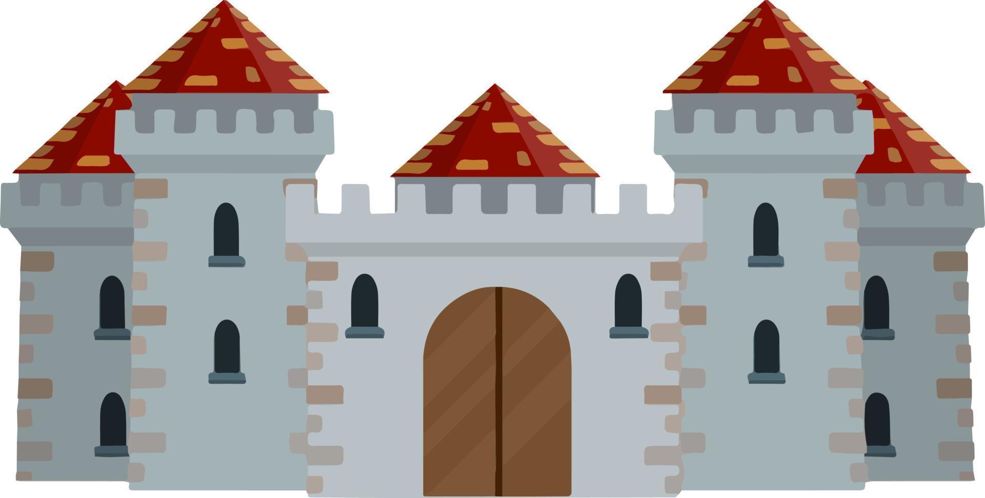 castillo de piedra europeo medieval. fortaleza del caballero. concepto de seguridad, protección y defensa. ilustración plana de dibujos animados. edificio militar con murallas, puertas y gran torre. vector