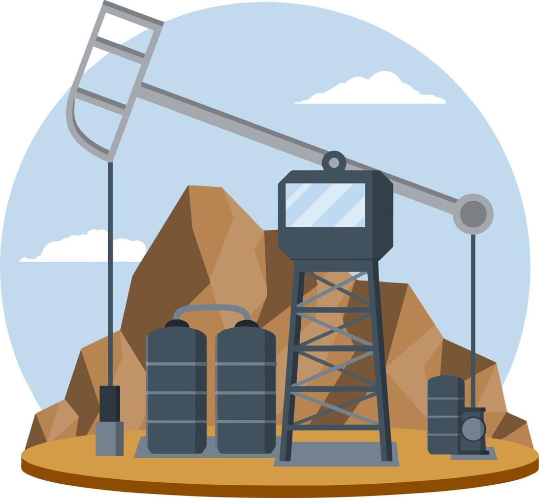 Oil rig. Extraction of minerals. Fuel production, heavy industry. Tower to pump black liquid. Middle East, mountains and desert. Oil tank. Natural scenery. Engineer's place of work. Flat cartoon vector