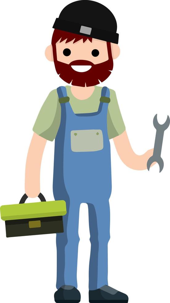 ilustración de dibujos animados - hombre técnico en uniforme. joven trabajador. mecánico masculino con caja de herramientas. chico especialista en reparación con equipo vector