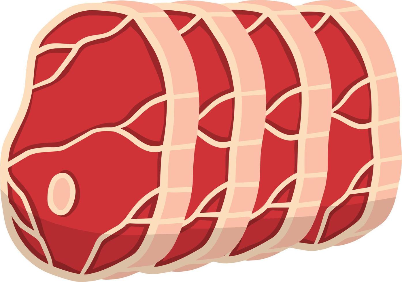 Piece of raw meat. Brown fried surface. Cartoon flat illustration. Cut off half beef piece. Element of kitchen, grill, BBQ, steak and delicious meal. Set of Fresh red food with streaks and fat vector
