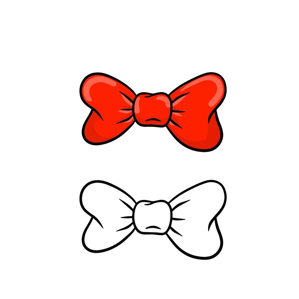 Red bow. Clothing decoration and women hair accessories. Set of color and black and white objects. Cartoon illustration vector