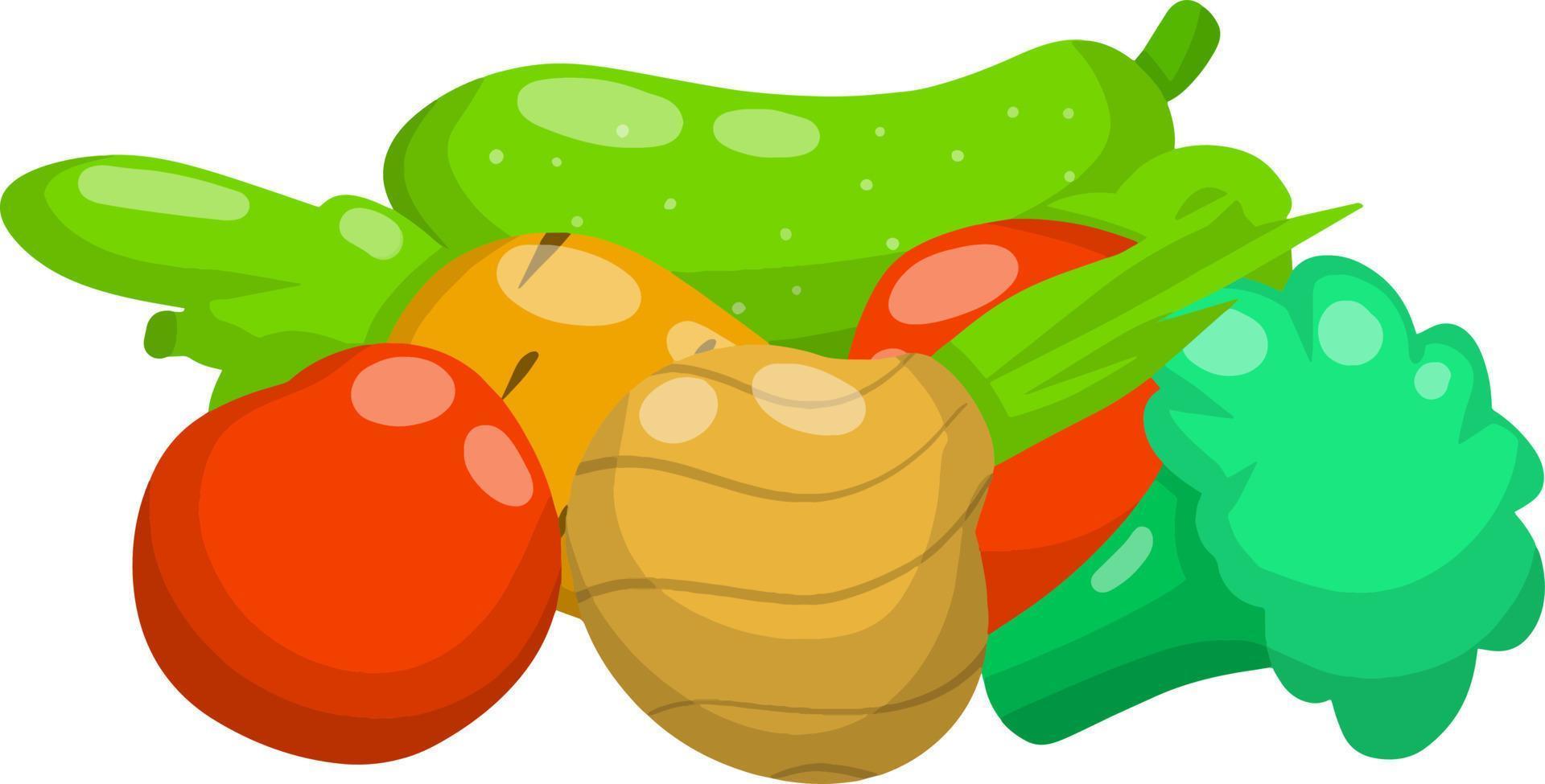 Cartoon flat illustration. Fresh natural village products. Tomato and pepper, onion with cucumber, broccoli, carrot vector