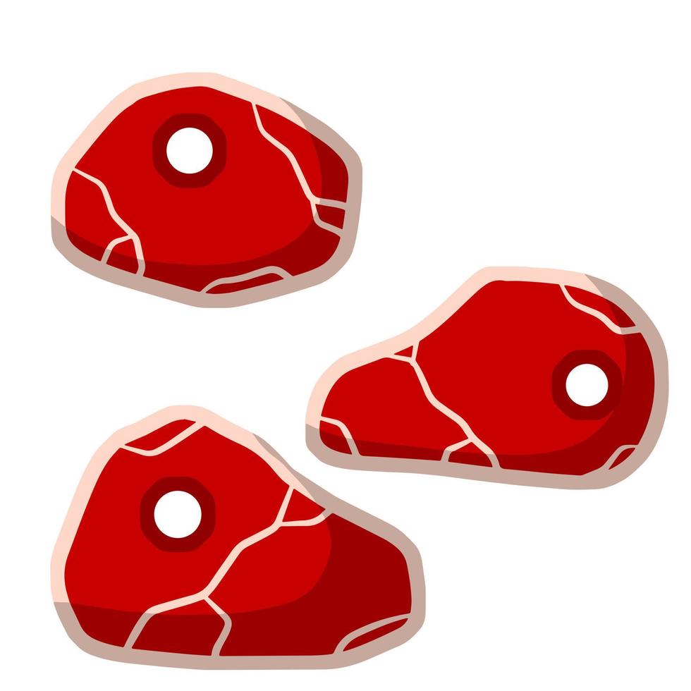 Piece of raw meat. Brown fried surface. Cartoon flat illustration. Cut off half beef piece. Element of kitchen, grill, BBQ, steak and delicious meal. Set of Fresh red food with streaks and fat vector