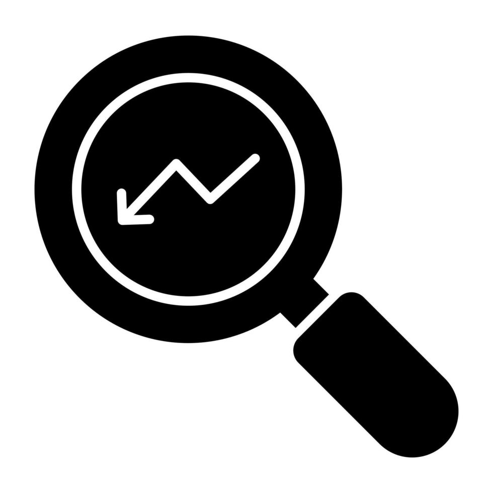 Downward arrow under magnifying glass icon, loss chart vector