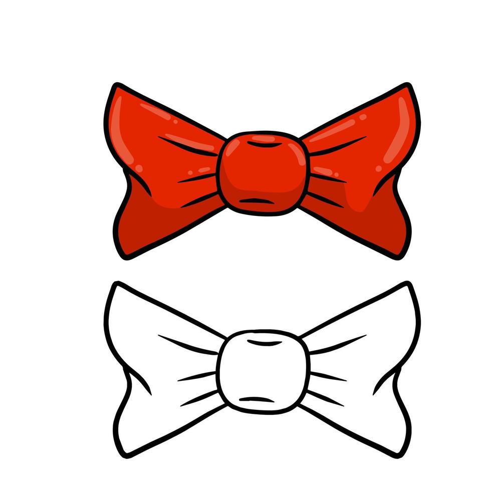 Red bow. Clothing decoration and women hair accessories. Set of color and black and white objects. Cartoon illustration vector