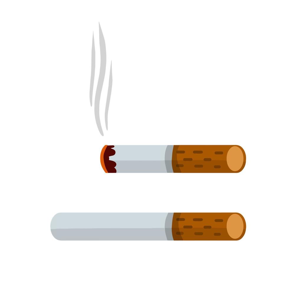 cigarrillo. fumar y una colilla de cigarrillo con humo. mal hábito. conjunto de objetos horizontales. daño y salud. ilustración de dibujos animados plana aislada en blanco vector