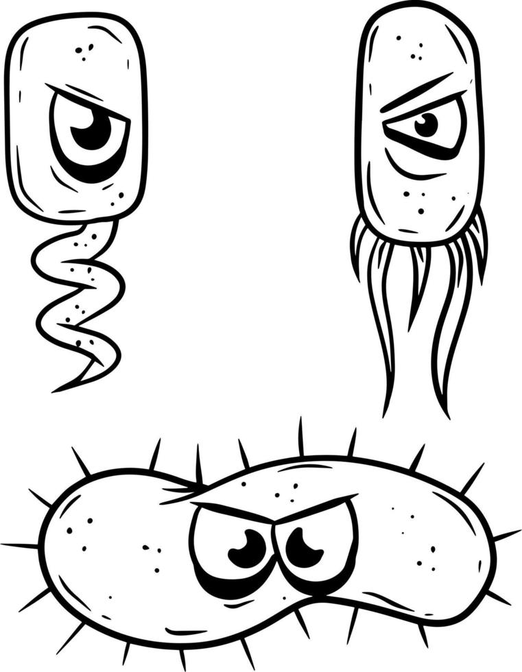 virus y conjunto de bacterias. agente causal. microorganismo bajo microscopio con flagelos. microbio peligroso. carácter científico con ojo. ilustración de dibujos animados vector