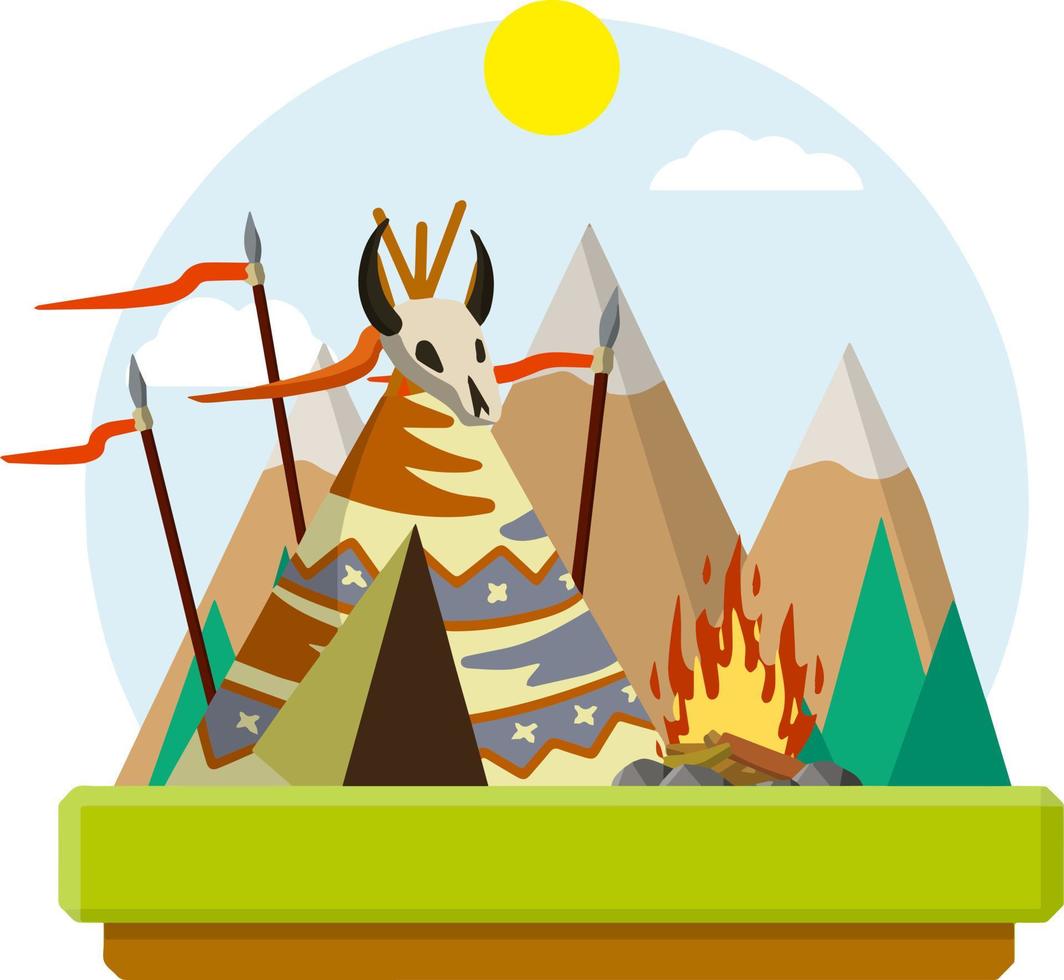Indian wigwam. Native American house. National hut made of skins with pattern. Nature of landscape. Spears are weapons, fire, and animal's skull. Ribbon for text vector