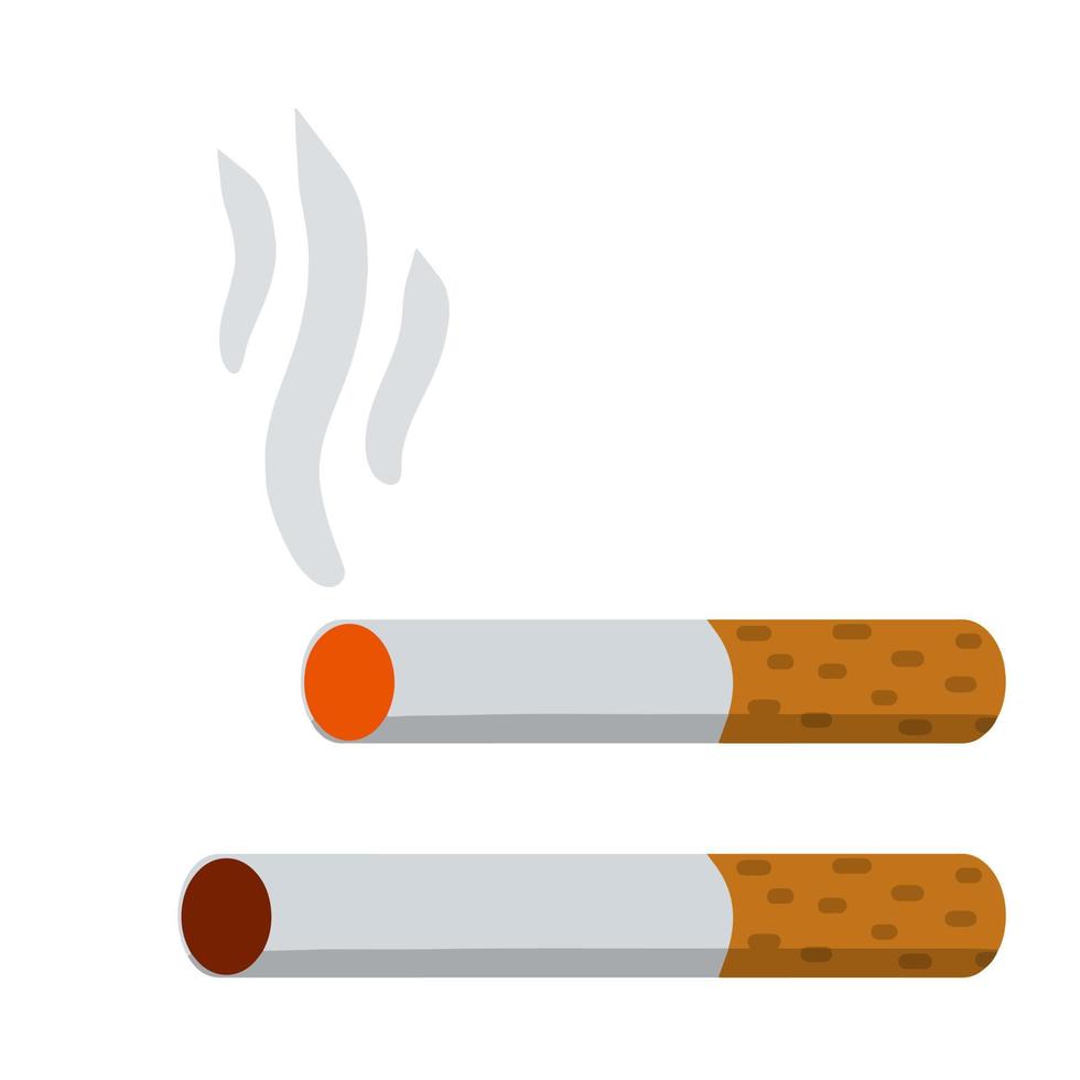 cigarrillo. fumar y una colilla de cigarrillo con humo. mal hábito. conjunto de objetos horizontales. daño y salud. ilustración de dibujos animados plana aislada en blanco vector