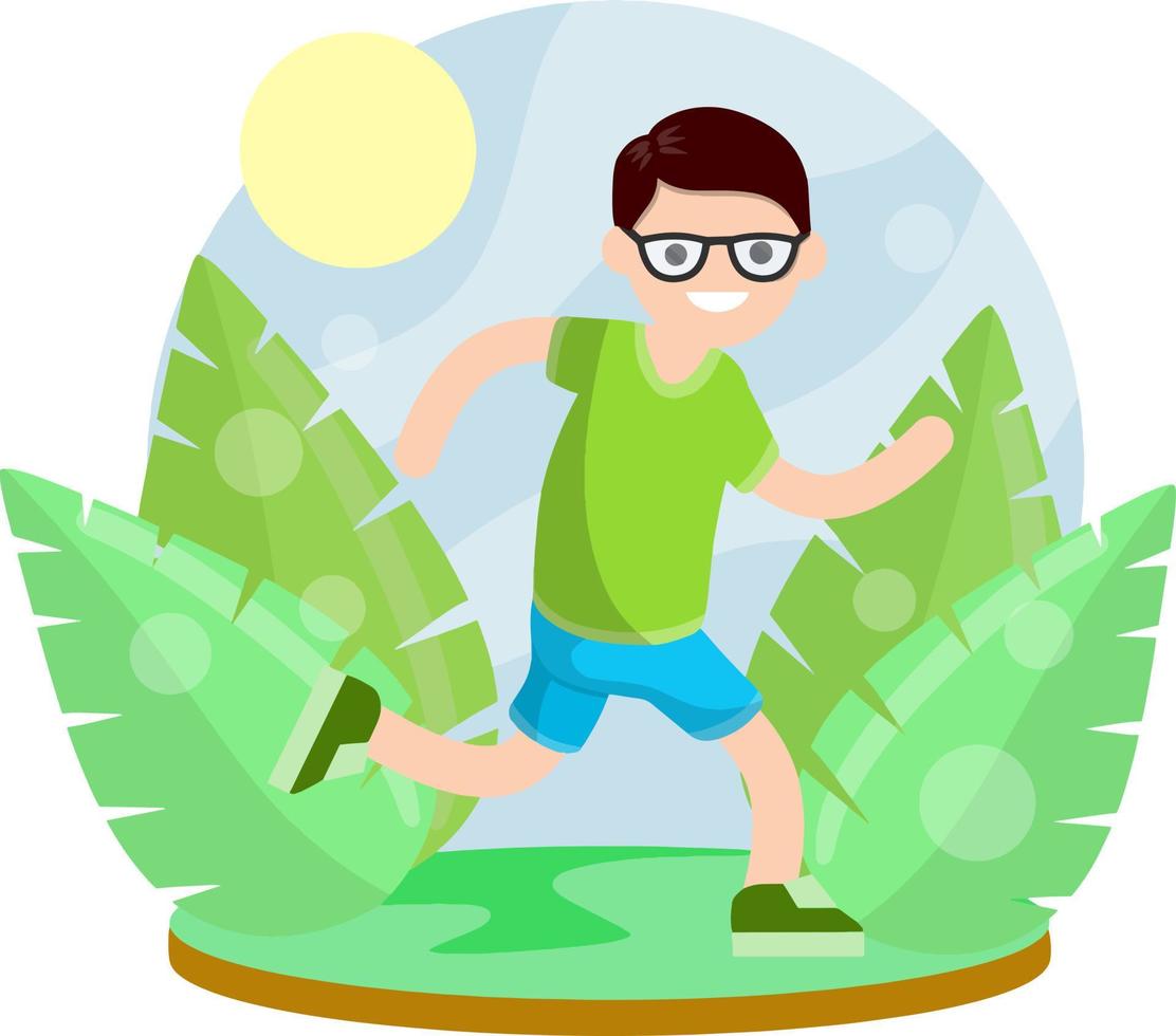 Young man in Shorts and t-shirt. Running and sports. Active lifestyle. Movement and walking. Cartoon flat illustration. Park and nature. Leaves of plants. Summer season. vector