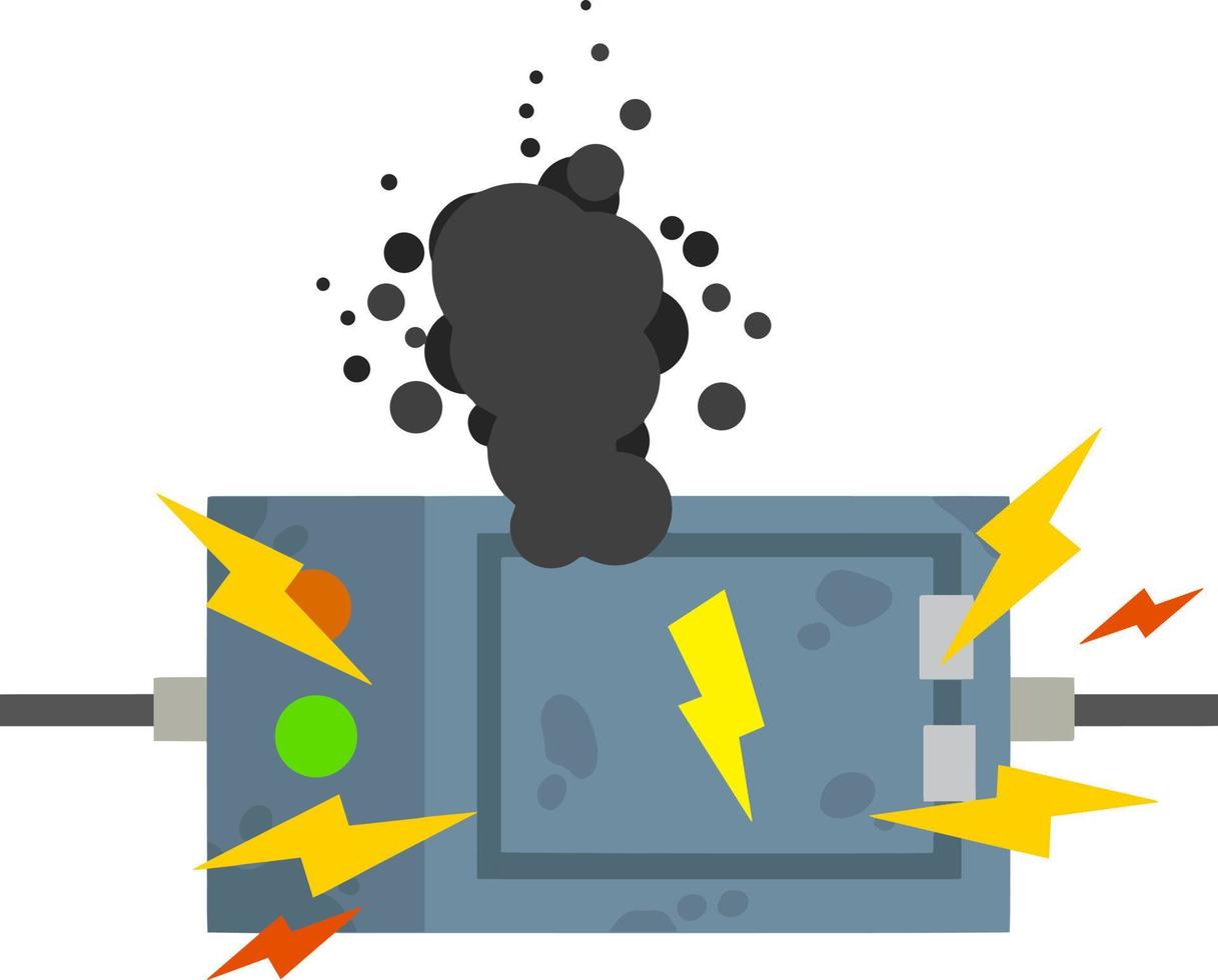 Damaged Switchboard. Cartoon flat illustration. Fuse and electrical engineering. Danger situation - fire. High voltage sensor. Electrical wires in box. Technical industrial appliance vector