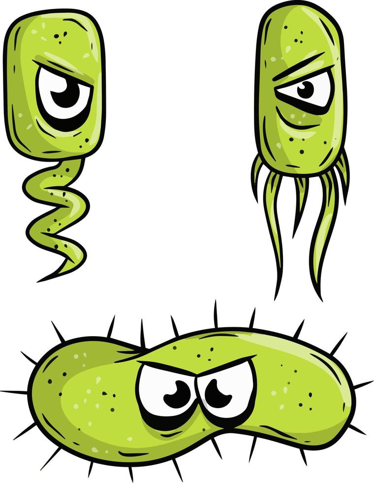 Virus and green bacteria. Causative agent. Micro-organism under microscope with flagella. Dangerous microbe. Scientific Character with eye. Cartoon illustration vector