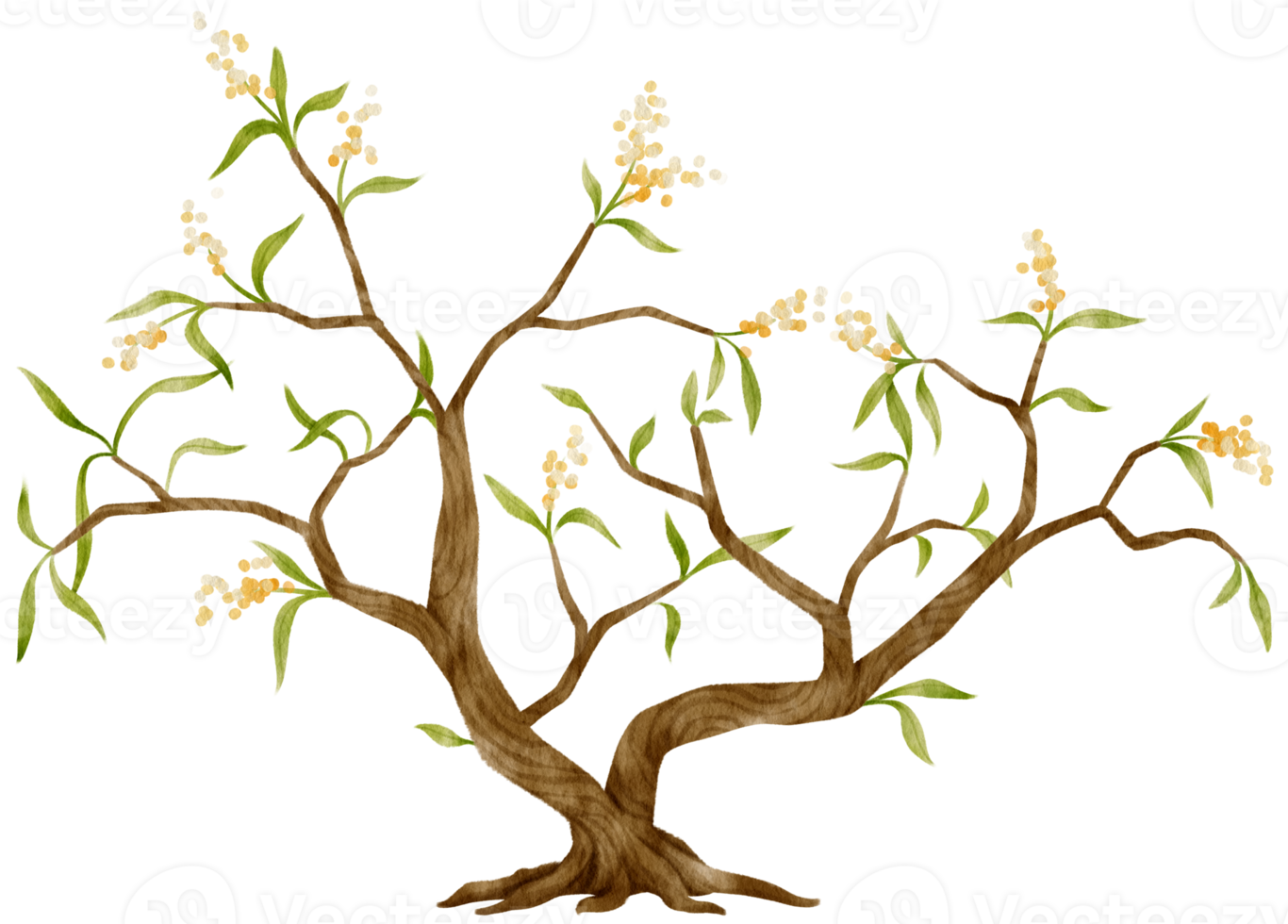 Autumn Tree with Yellow flowers watercolor illustration for Decorative Element png