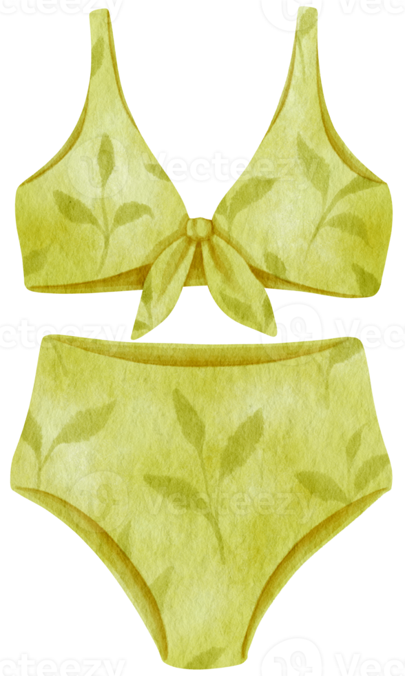 Green two piece bikini swimsuits in watercolor beach item png