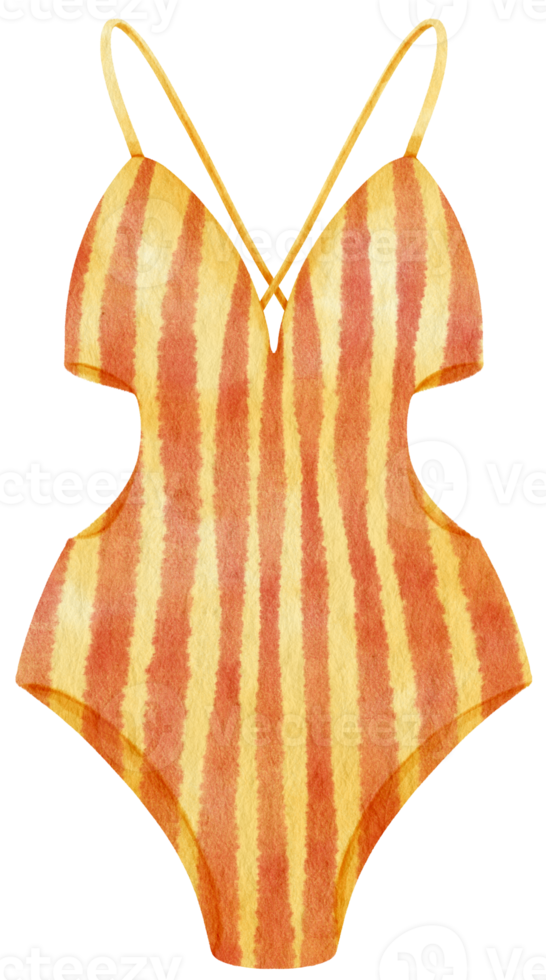 Yellow stripes one piece bikini swimsuits watercolor style for Summer Decorative Element png