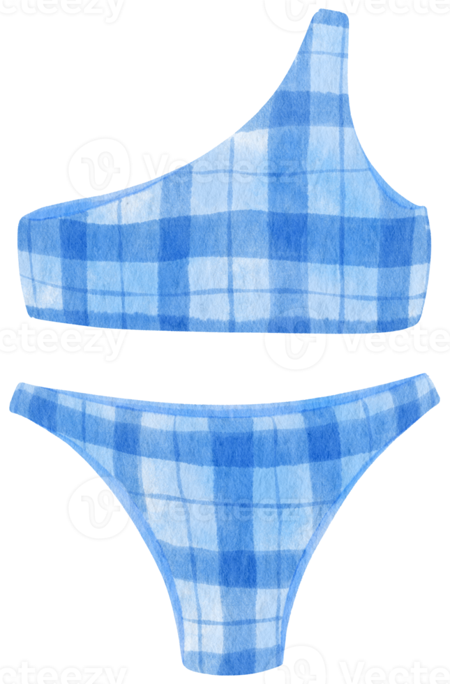 Blue checkered pattern bikini swimsuits watercolor style for summer decorative element png