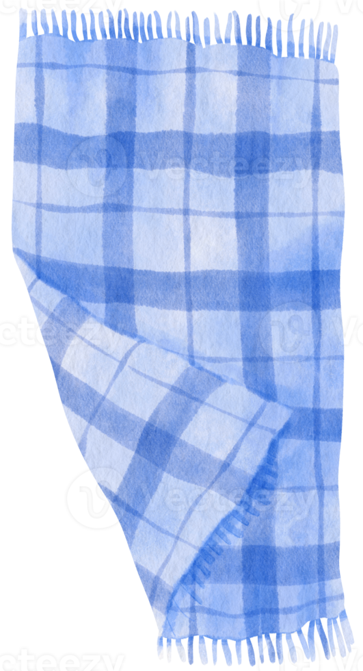 Blue checkered pattern beach towel and picnic blanket  watercolor style for Summer Decorative Element png