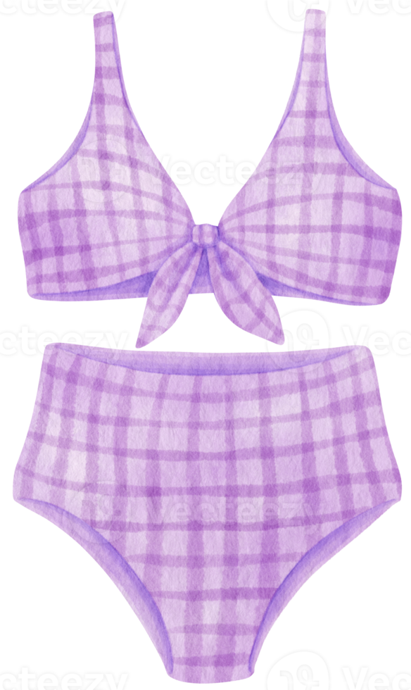 purple checkered pattern two piece bikini swimsuits watercolor style for Decorative Element png