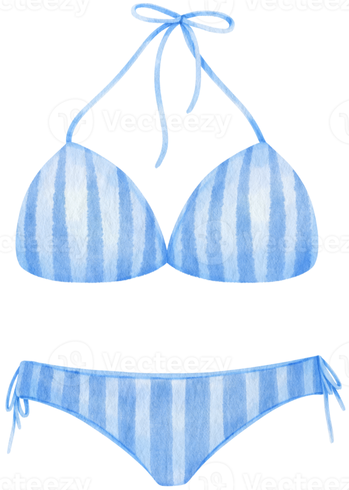 Blue stripes two piece bikini swimsuits watercolor style for summer decorative element png