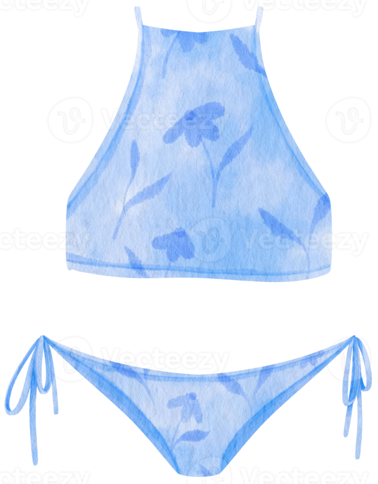Blue two piece bikini swimsuits watercolor style for summer decorative element png