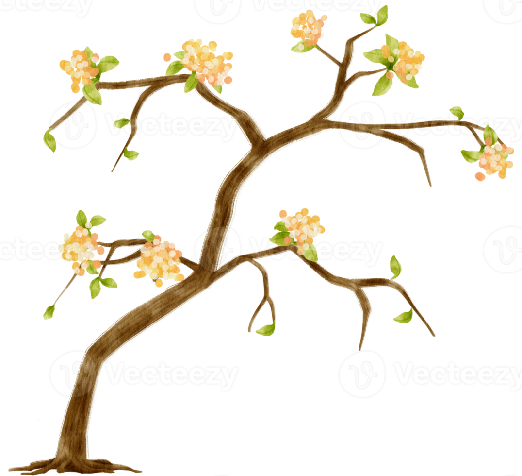 Autumn Tree with Yellow flowers watercolor illustration for Decorative Element png