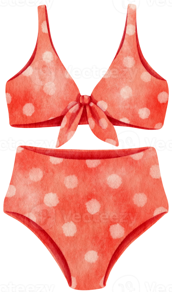 Red polka dot bikini swimsuits watercolor style for Summer Decorative Element png