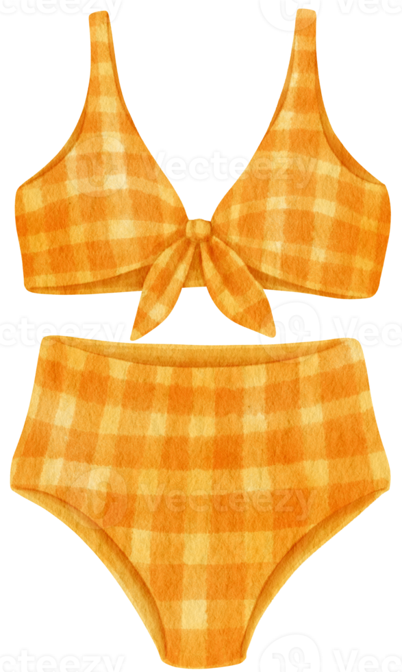 Yellow checkered pattern two piece bikini swimsuits watercolor style for Summer Decorative Element png