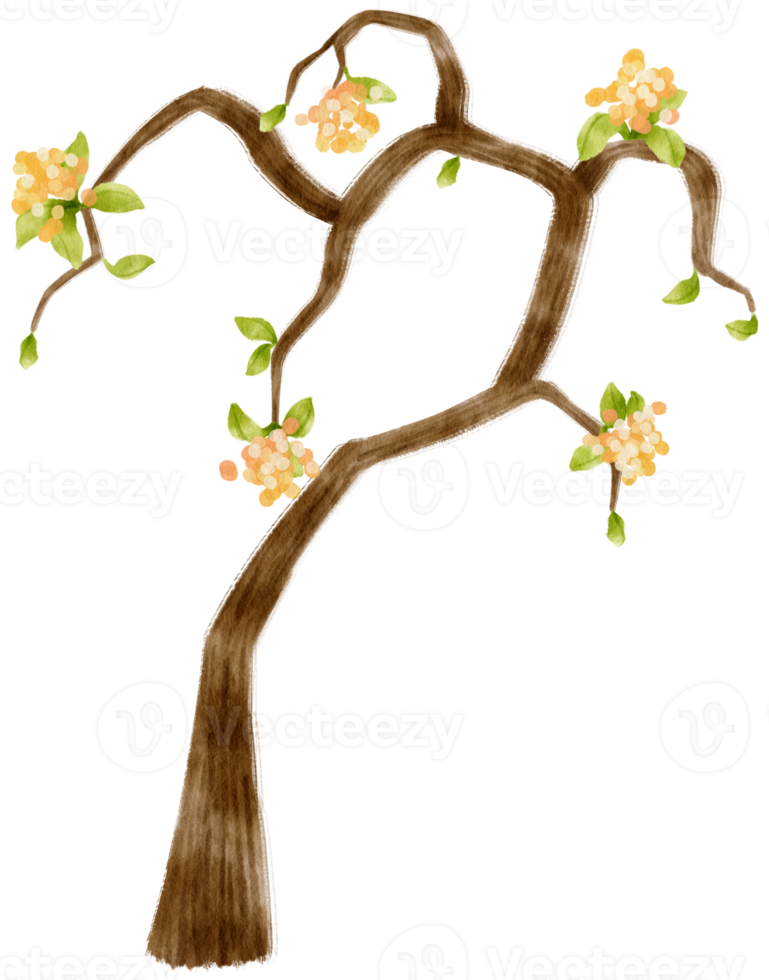 Autumn Tree with Yellow flowers watercolor illustration for Decorative Element png